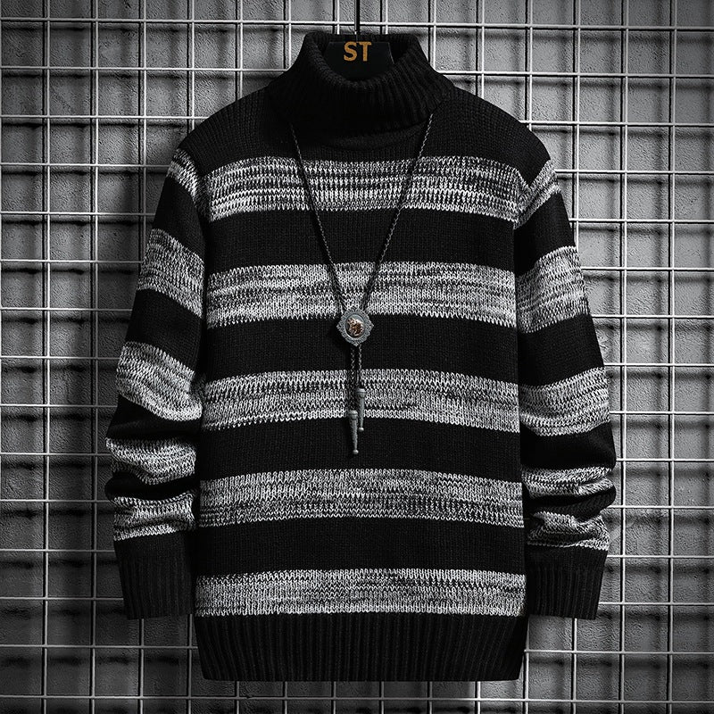High-neck Men's Long-sleeved Trendy Slim Striped Sweater