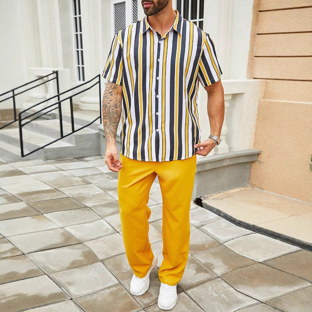 Casual Striped Short Sleeve Shirt Trousers Suit