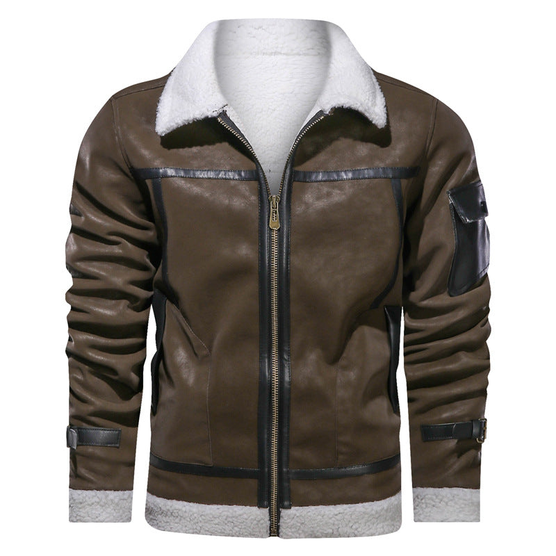 Men's European And American Style Lapel Plus Velvet Leather Jacket