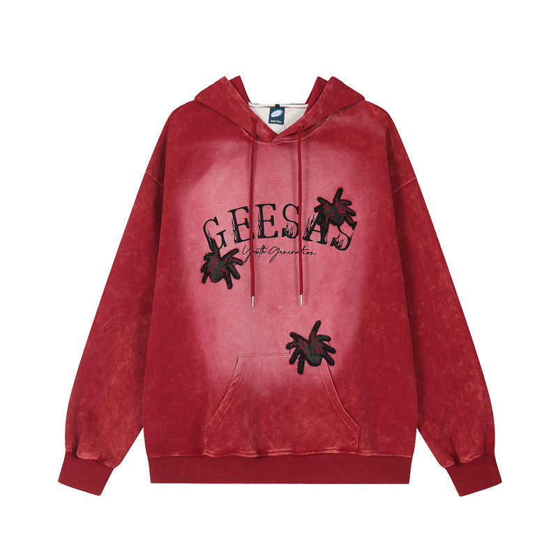 American Retro Distressed Gradient Spider Patch Embroidered Hoodie Men