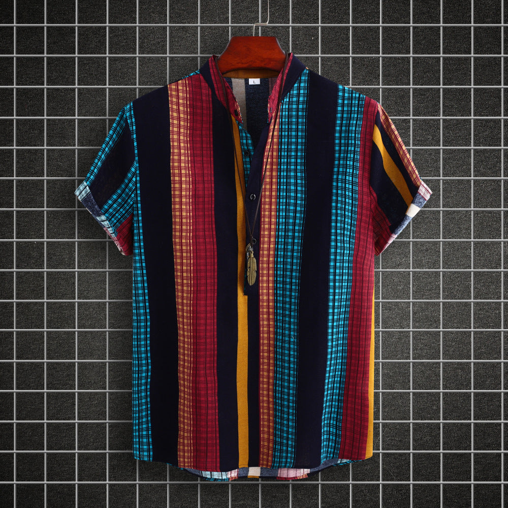 Men's Stand Collar Ethnic Style Striped Cotton-linen Shirt