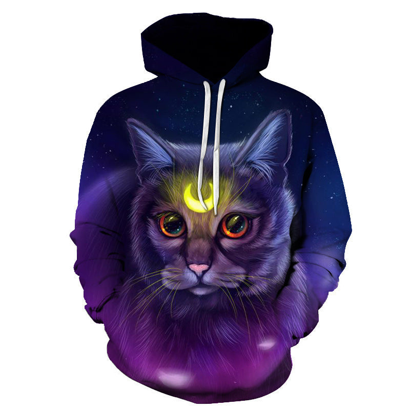 Cute Cat Digital Print Hooded Couple Sweatshirt