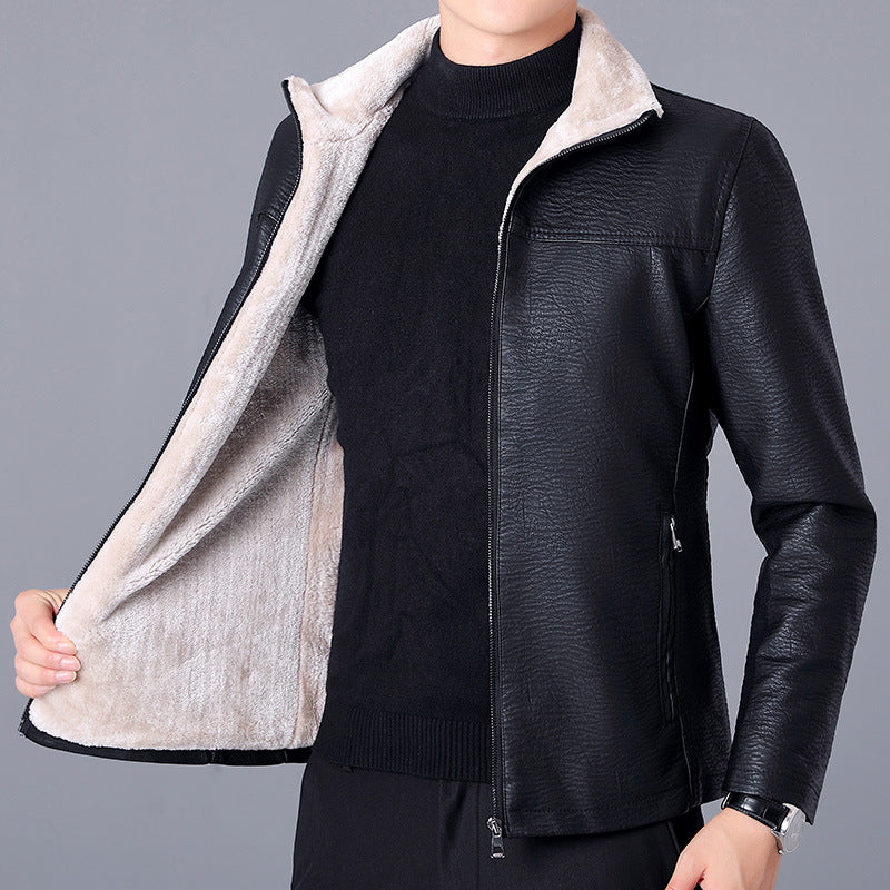Men Stand Up Collar Plus Velvet Leather Casual jacket
