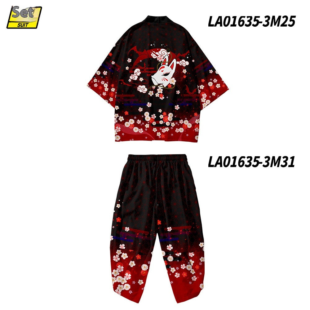 Peach Blossom Kimono Fox Mask Robe Sun-protective Clothing