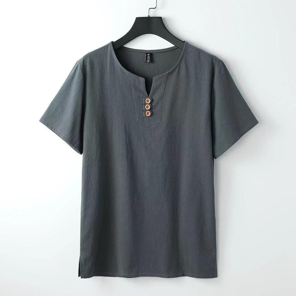 Men's Chinese-style Cotton And Linen V-neck Short Sleeve