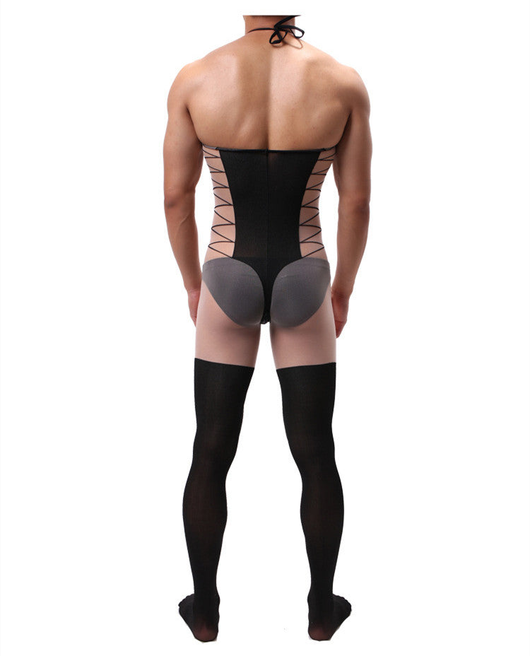 Men's Jacquard Sling One Piece Stockings Hollow Silky Transparent