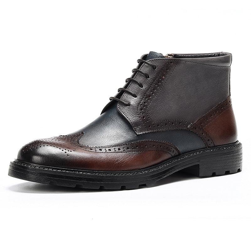 Mens Leather Vintage Color Blocking Brogue Carved Boots