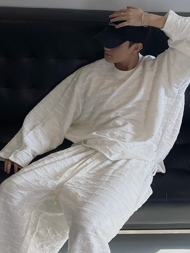 Retro Loose Profile Three-dimensional Ethnic Style Jacquard Milky White Sports Suit