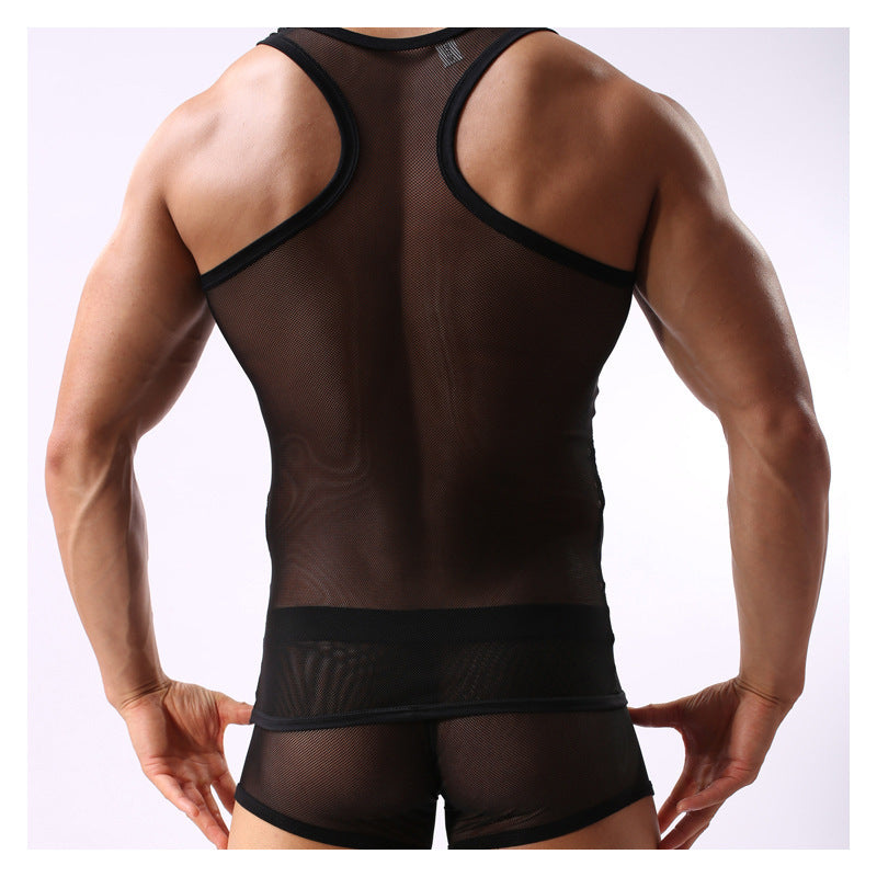 Fitness Transparent Cutout Mesh Men's Underwear Mesh Style For Sports Hurdles Vest Shorts Set