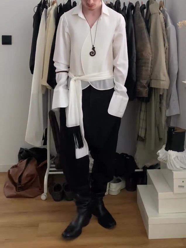 Solid Color Tassel Belt Vest & Long Sleeve Shirt Two-Piece Set