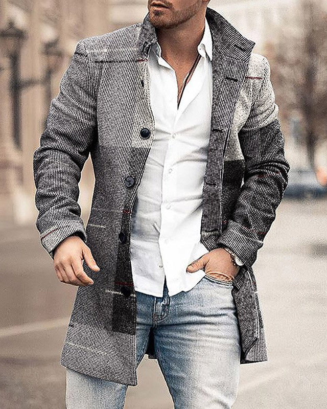 Autumn And Winter New Men's Woolen Stand Collar Medium Long Pocket Casual Coat