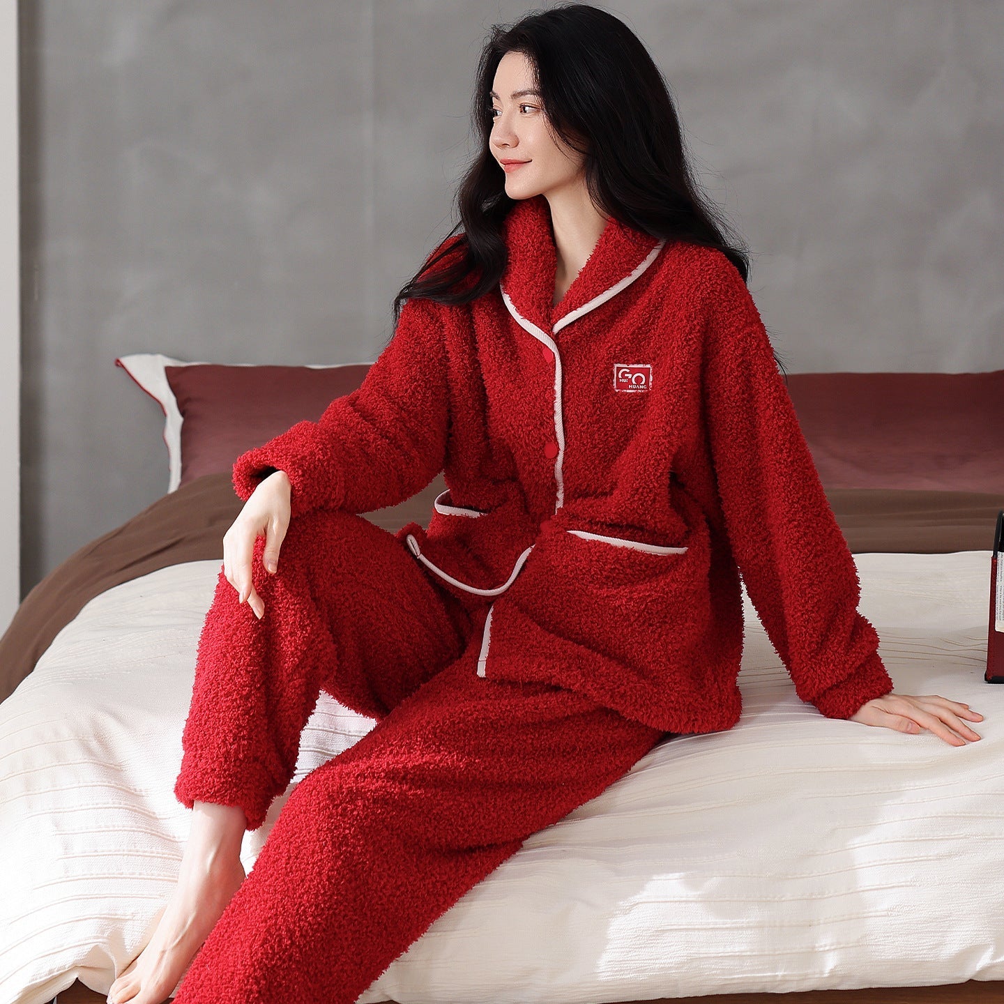 Flannel Thick Warm Long Sleeves Coral Fleece Couple Pajamas Suit