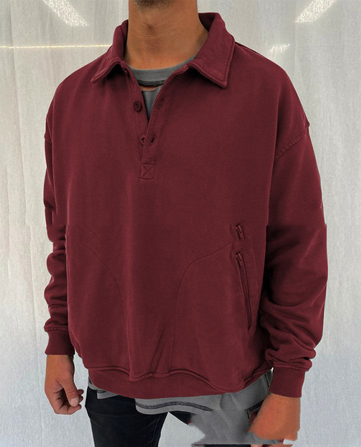 Single-breasted Casual Sweatshirt With Side Slit Pockets