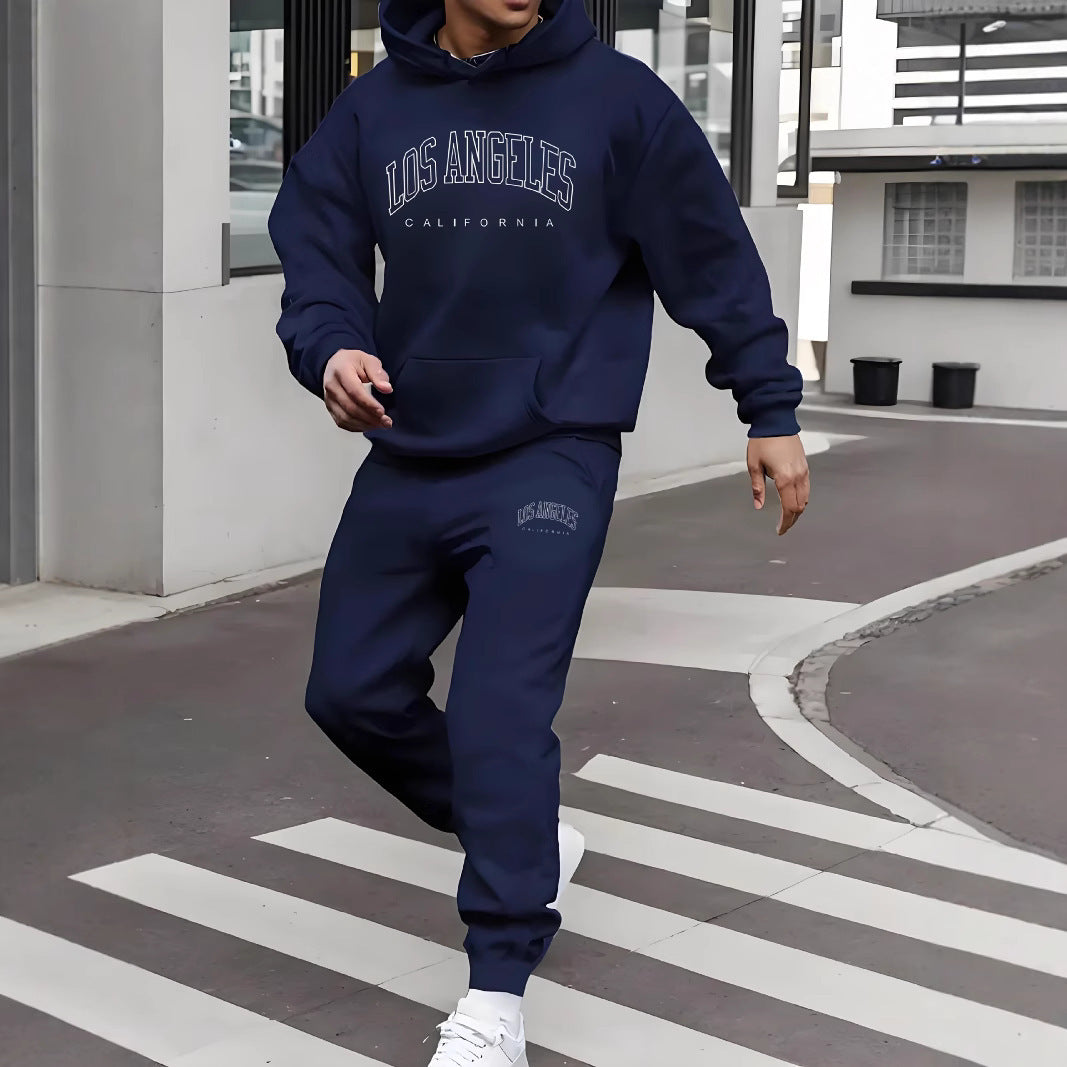 Autumn And Winter Fleece-lined Letter Print Same Color Sweatshirt And Sweatpants Suit Men