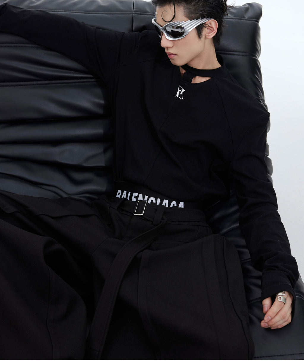 Hollow-out Design Padded Shoulder Slim Bottoming Shirt