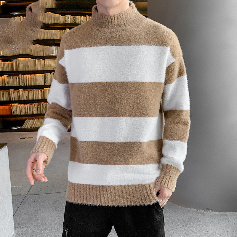 Half High Collar Pullover Striped T-Shirt