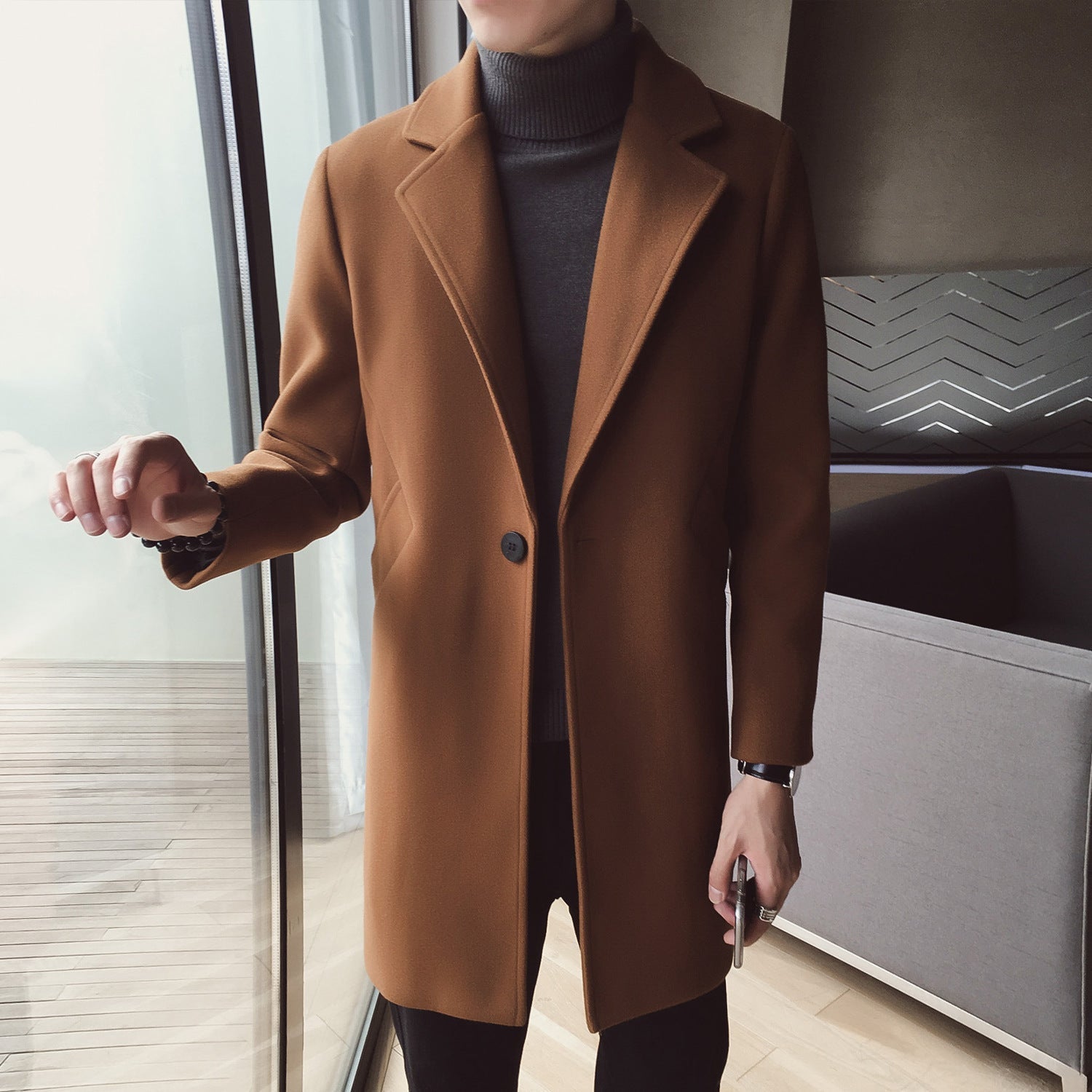 Men's korean mid-length woolen trench coat
