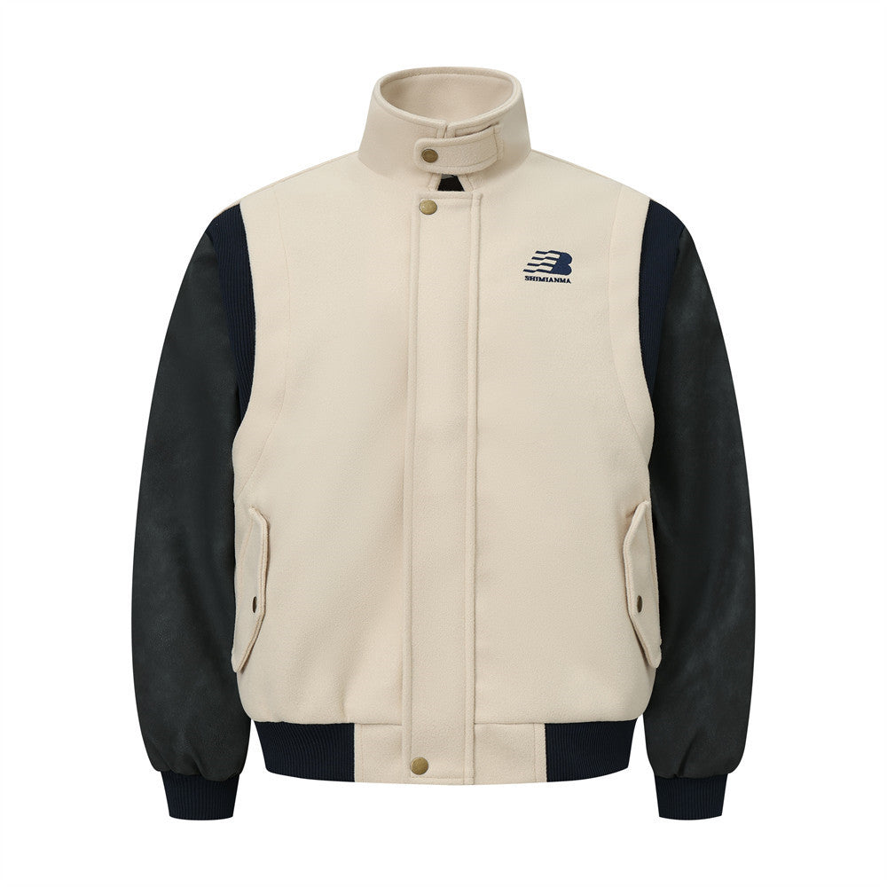 Baseball Uniform Men's Jacket Color Contrast Patchwork PU Leather Sleeve