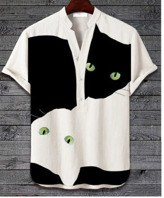 Printed V-neck Men's 3 Breasted Pullover Short Sleeve Shirt