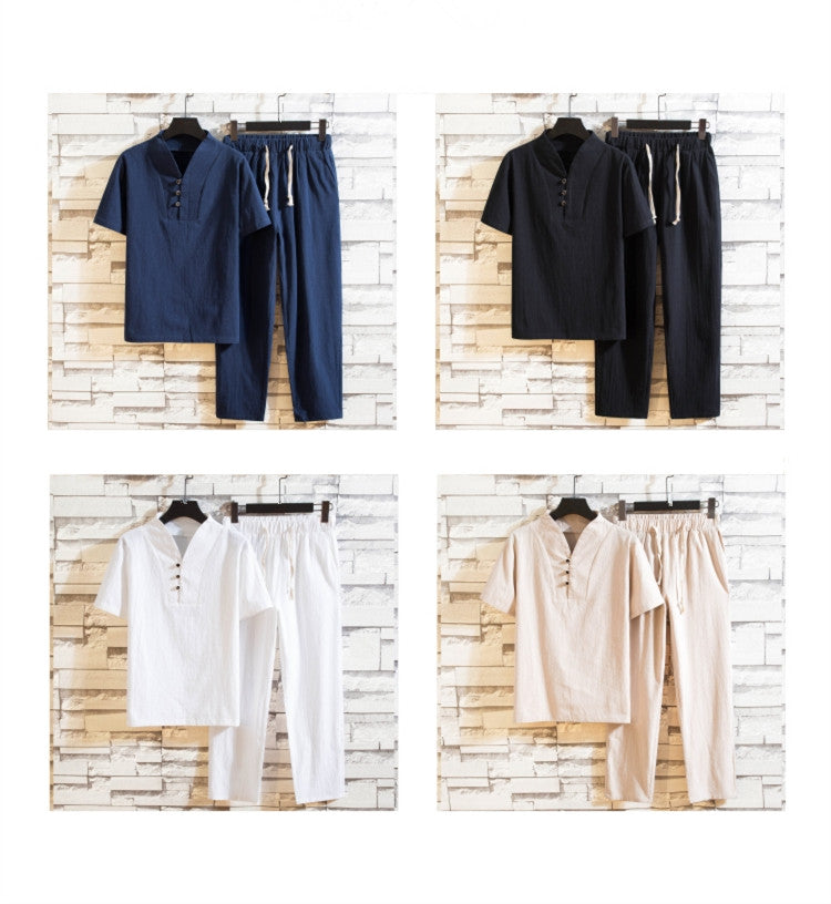 Summer linen suit men's cotton short sleeve