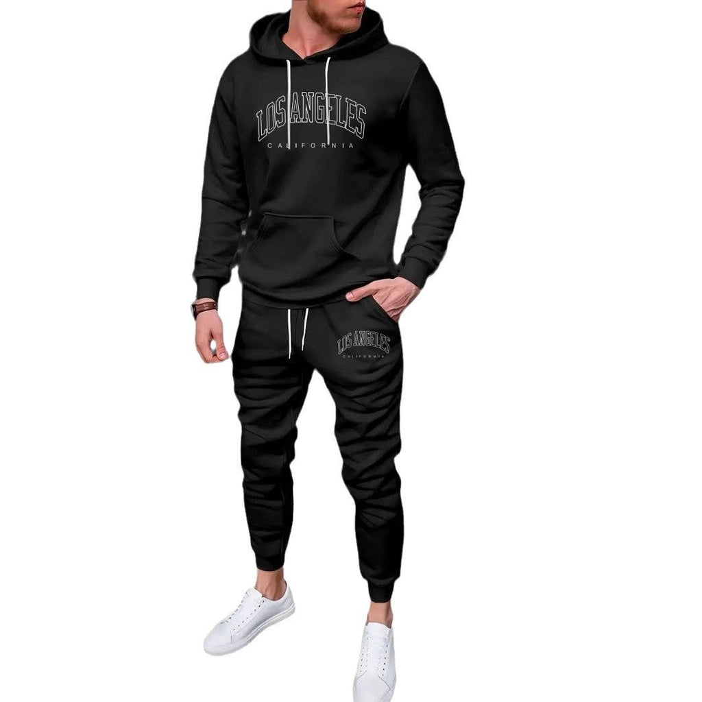 Autumn And Winter Fleece-lined Letter Print Same Color Sweatshirt And Sweatpants Suit Men