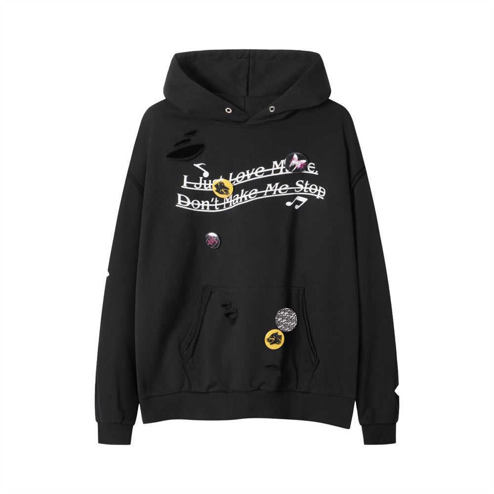 Badge Decoration Ripped Hoodie Sweater Men