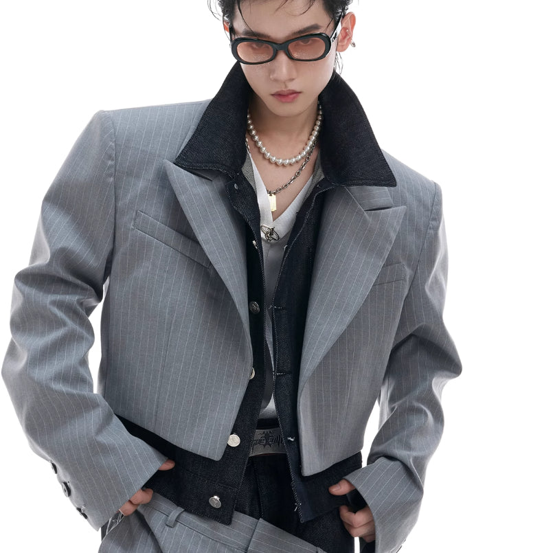 Denim Stitching Design Sense Fake Two Pieces Suit