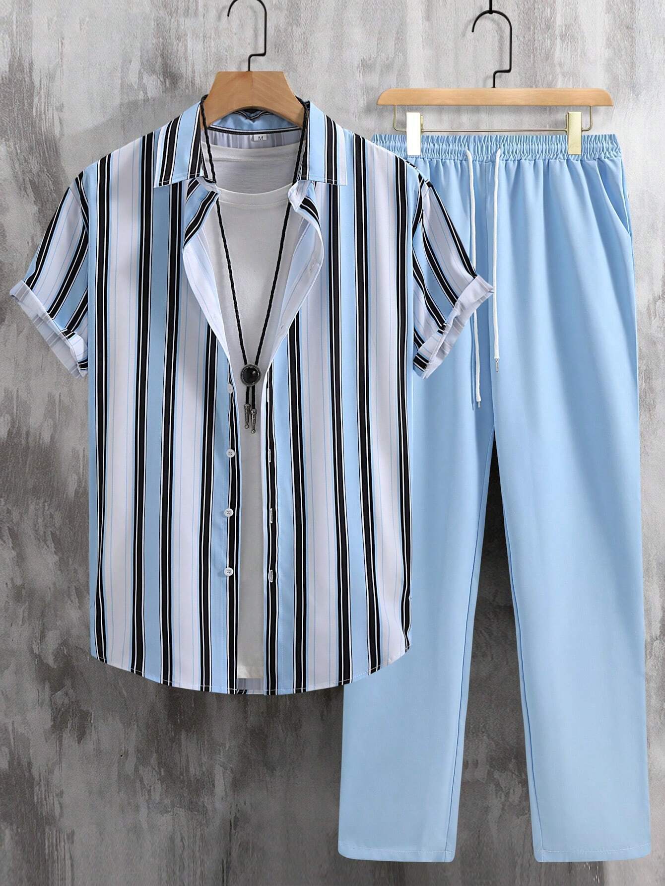 Casual Striped Short Sleeve Shirt Trousers Suit