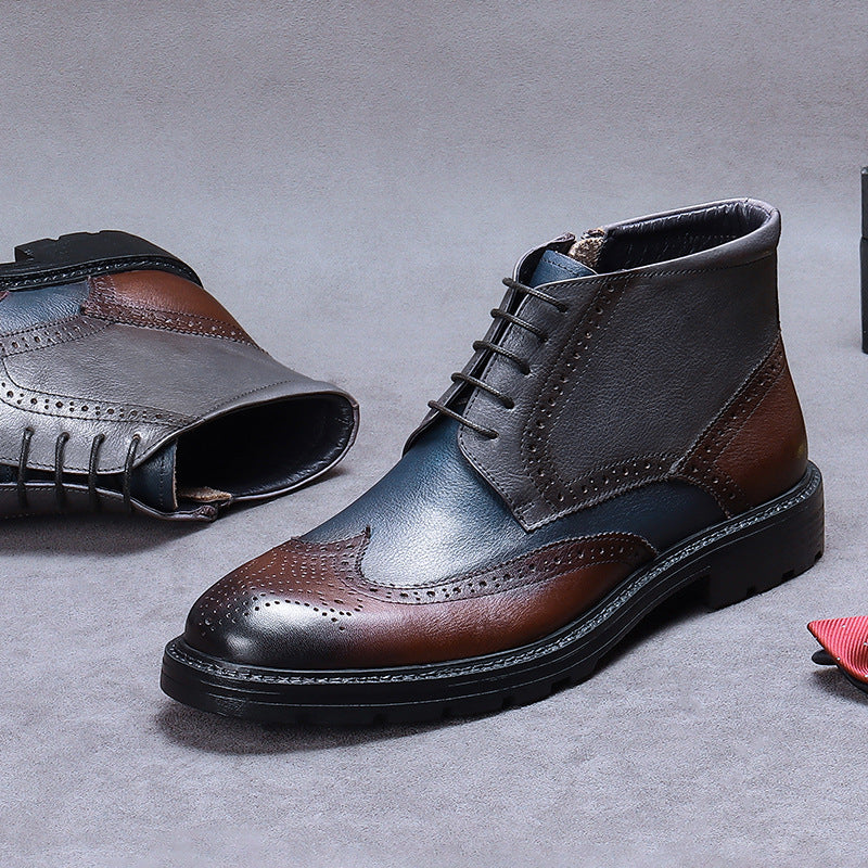 Mens Leather Vintage Color Blocking Brogue Carved Boots