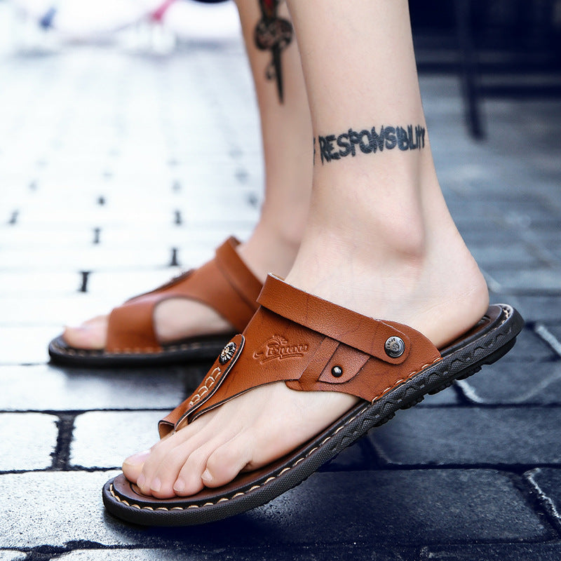 Men's two-toed leather plus-size sandals