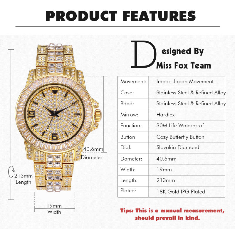 Stainless steel waterproof full diamond watch