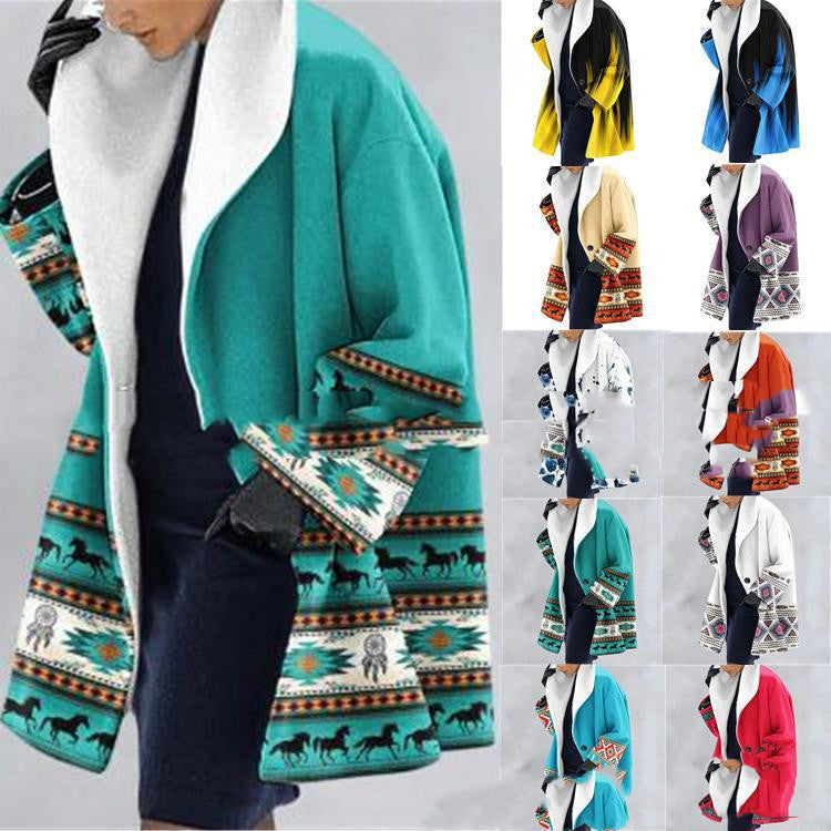 Thick Woolen Print Hooded Loose Medium Length Coat