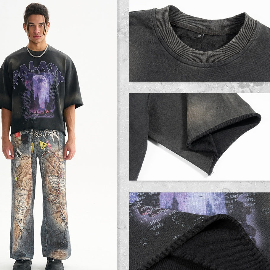 Terry Distressed T-shirt Men's High Street Loose Edge Washed-out Vintage