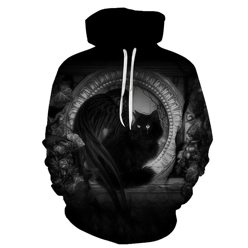 Cute Cat Digital Print Hooded Couple Sweatshirt