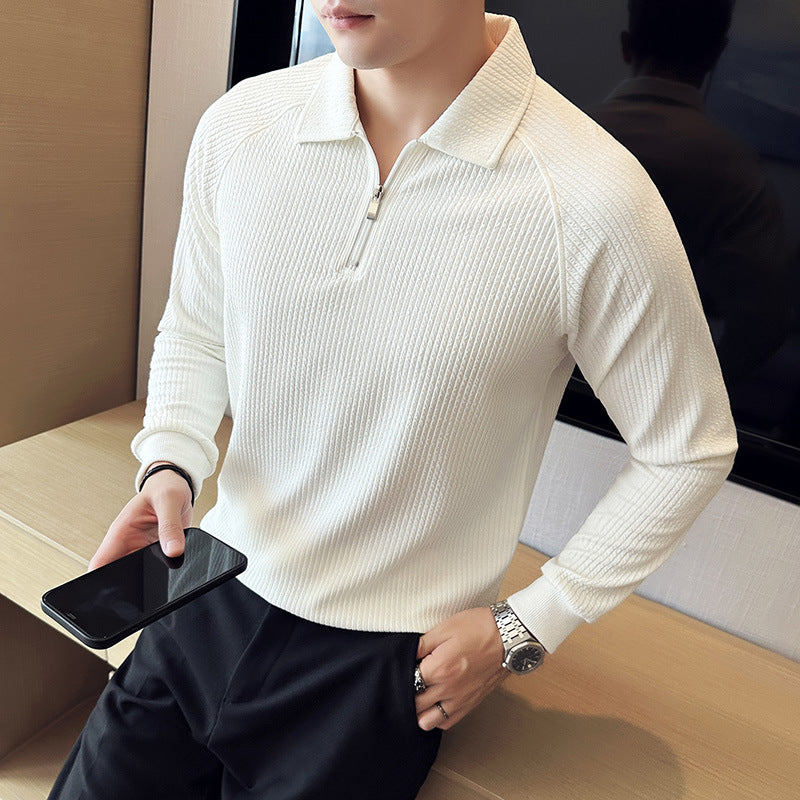 High Elastic Thickened Seersucker Half Zipper Polo Shirt