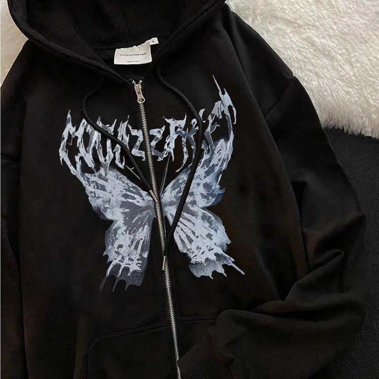 Cross-border Hooded Sweater In Stock Zipper Sweater Autumn And Winter European And American Butterfly Sweater Gothic Style Exercise Hooded Coat