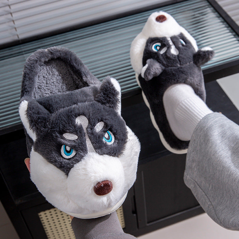 Cute Husky Cartoon Pure Cotton Slippers Men's Style Warm Indoor Slippers For Winter Home Use