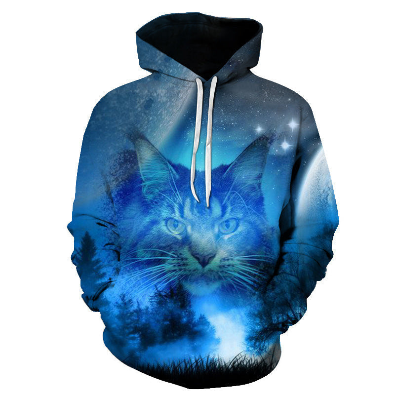Cute Cat Digital Print Hooded Couple Sweatshirt