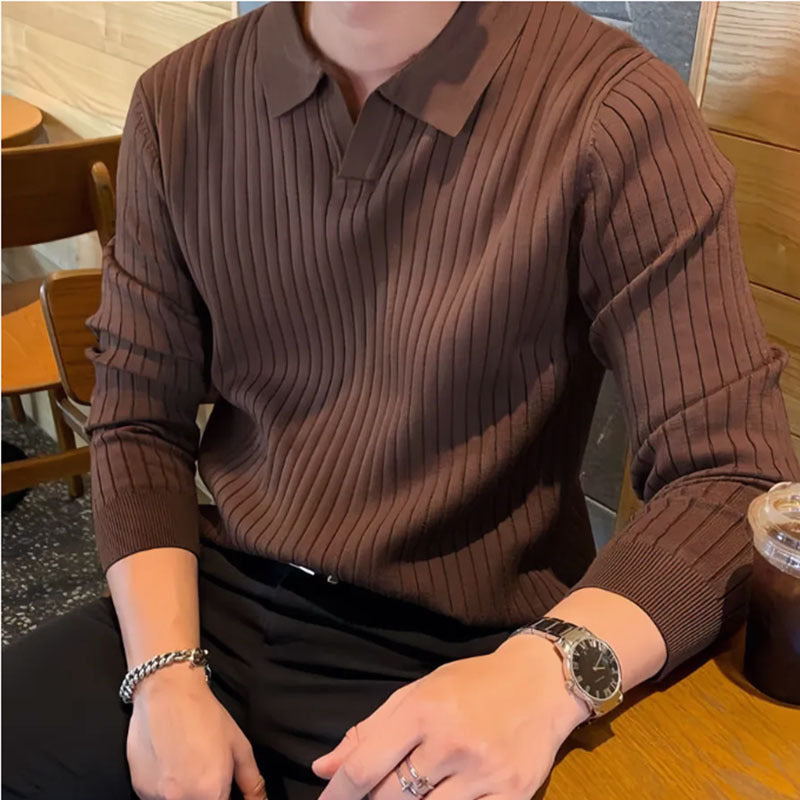 New Men's Lapel Knitted Long-sleeved T-shirt