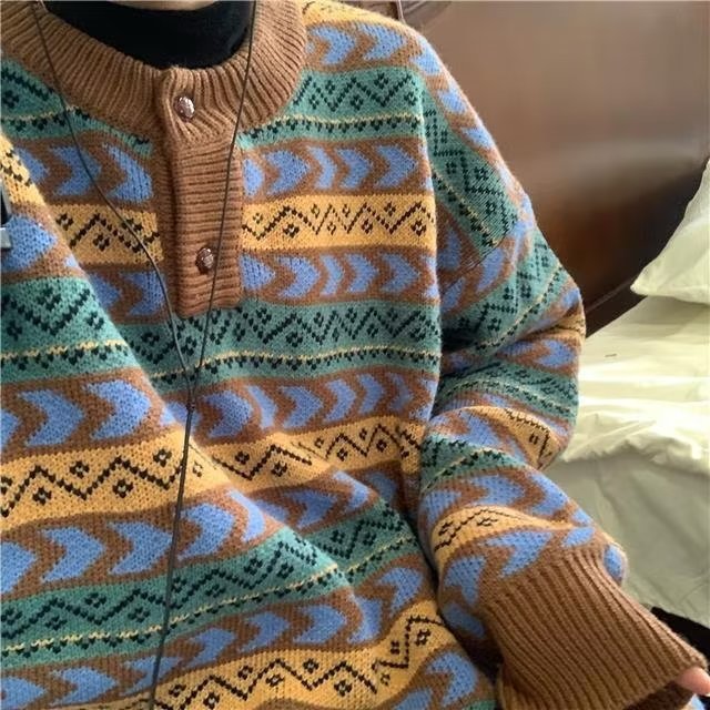 Winter Color Matching Plaid Knitwear For Men