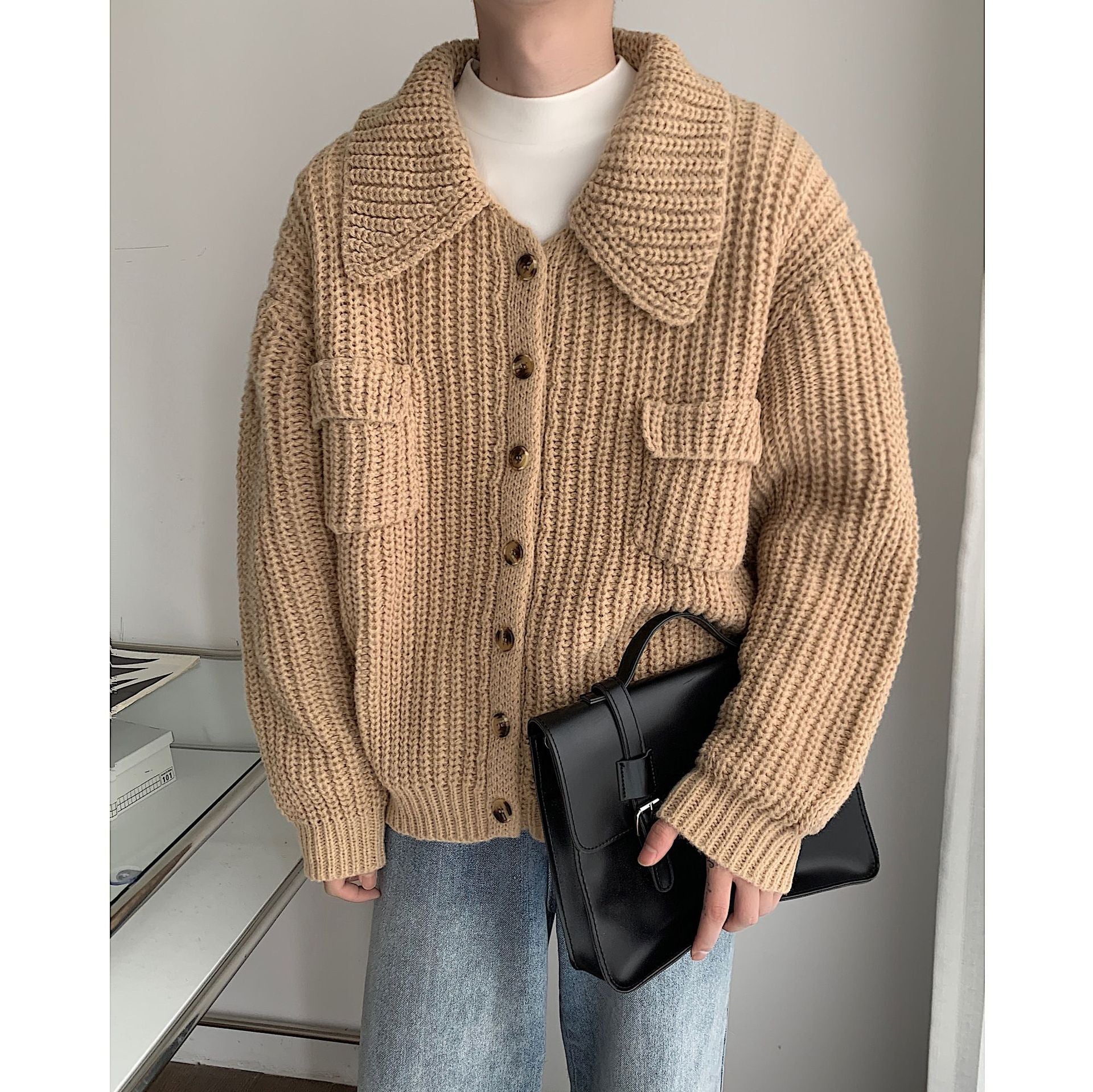 Winter Lapel Single-breasted Men's Loose Cardigan Sweater