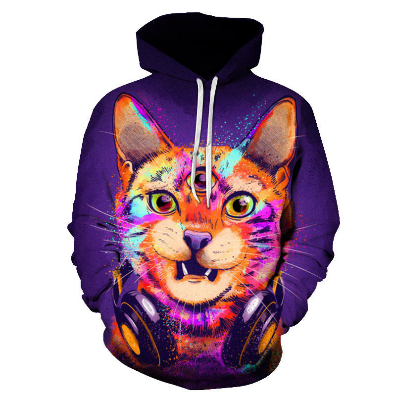 Cute Cat Digital Print Hooded Couple Sweatshirt