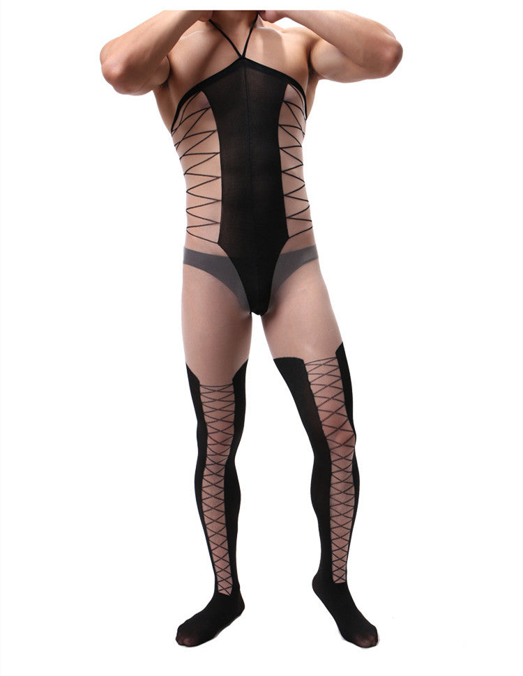 Men's Jacquard Sling One Piece Stockings Hollow Silky Transparent