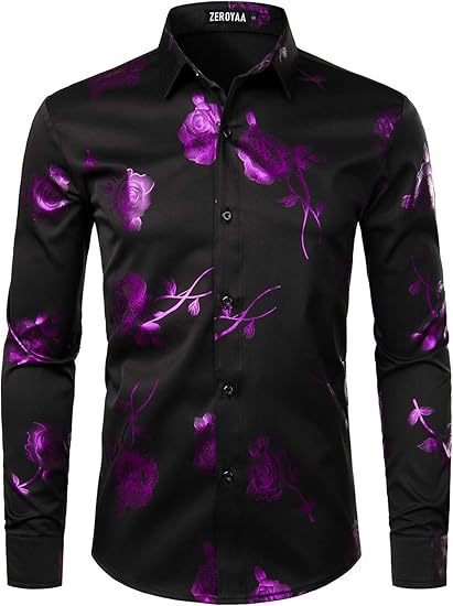 3D Golden Rose Print Slim Fit Long Sleeve Formal Wear Shirt