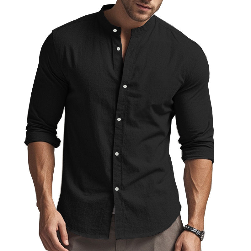 Standing Collar Solid Color Casual Cotton Linen Shirt