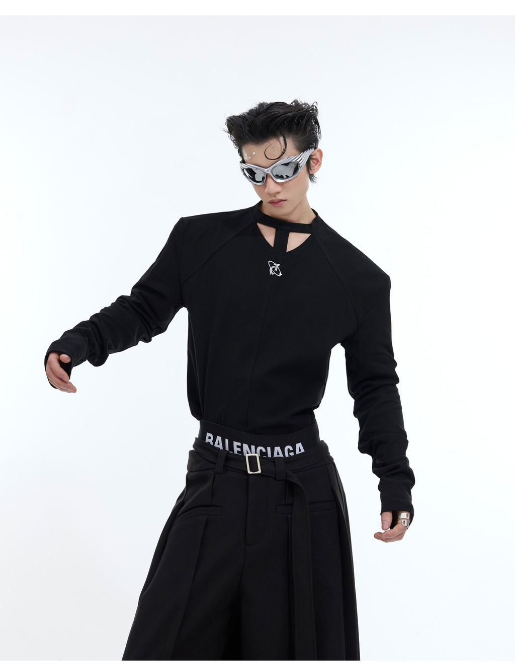 Hollow-out Design Padded Shoulder Slim Bottoming Shirt