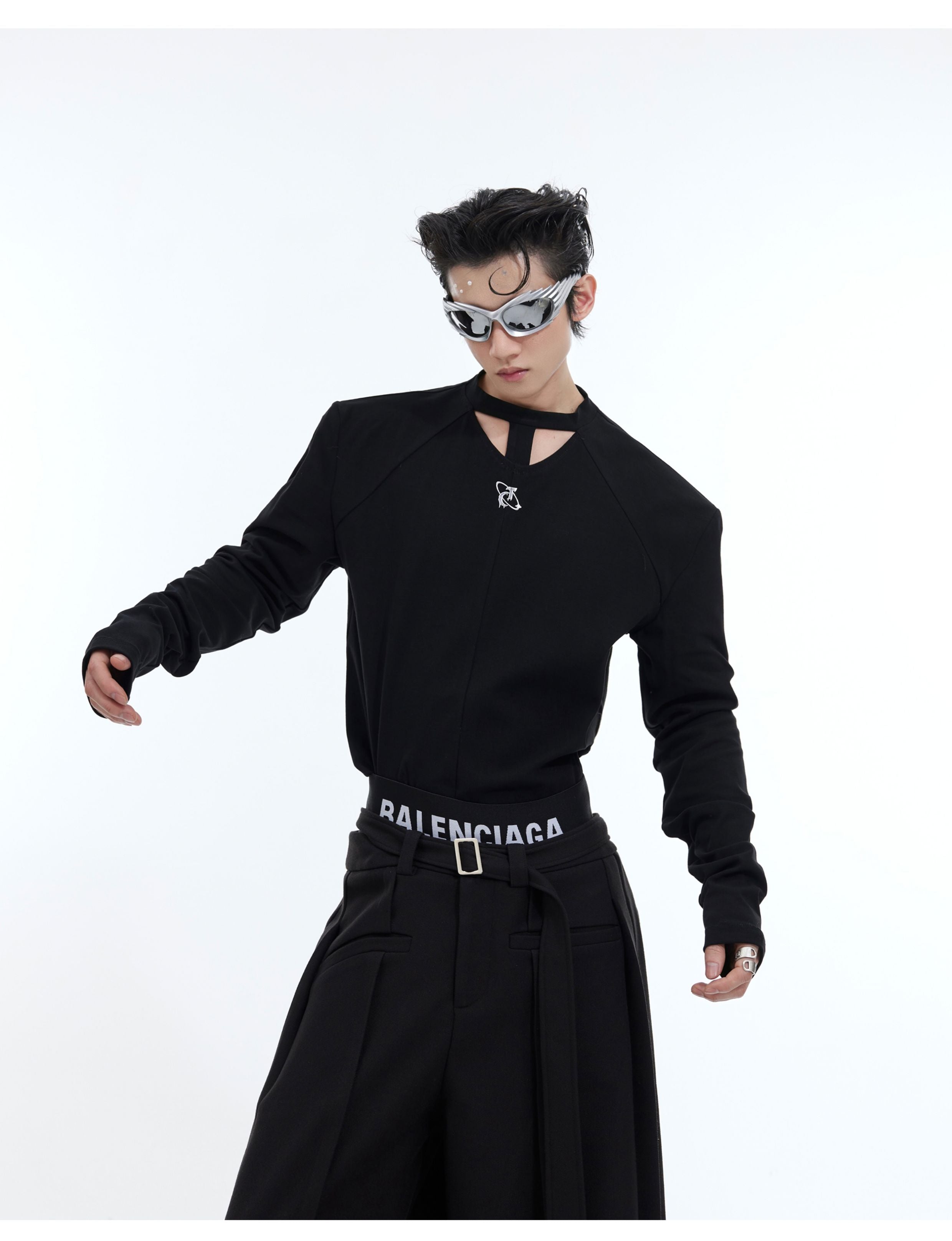 Hollow-out Design Padded Shoulder Slim Bottoming Shirt