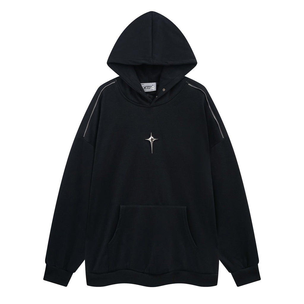 Autumn And Winter Metal Design Four Awn Star Plus Velvet Thickened Hooded Sweatshirt