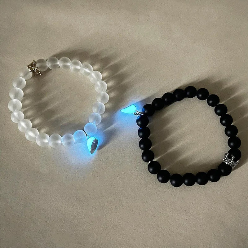 2pcs Handmade Crown Beaded Charms Bracelet Heart Glow In The Dark Couple Bracelet