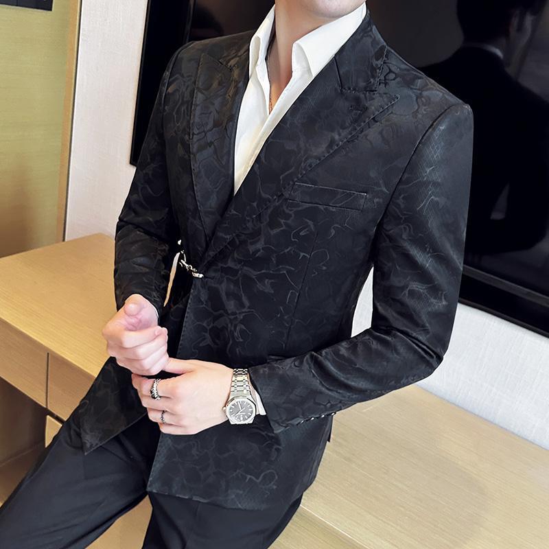 Vintage Pattern Men's Casual Suit Metal Hook Placket Closure Collar Leather Texture Suit